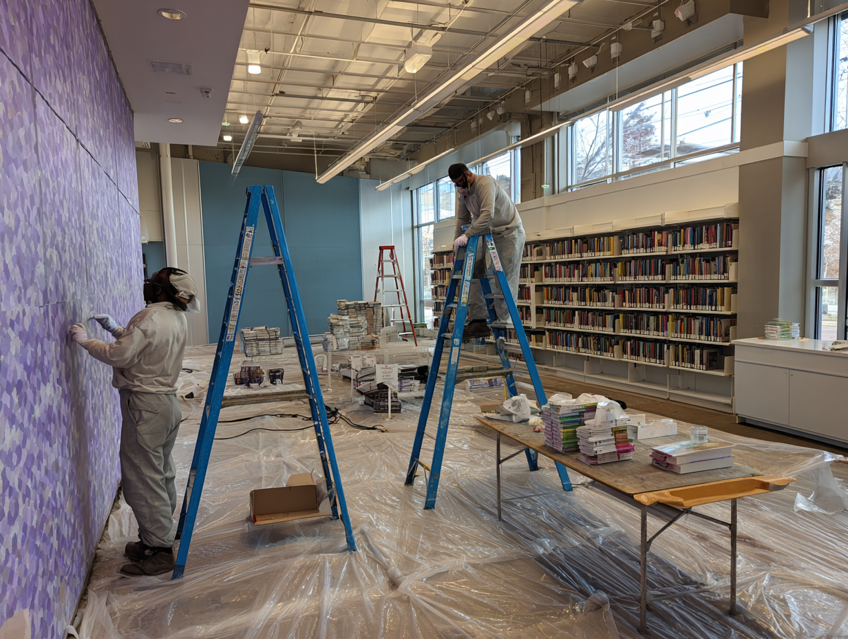Workers installing acoustic panels on library wall during renovation